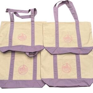 NWT Set of 4 NEW Trader Joe’s Lavender with Pink Logo Canvas Tote